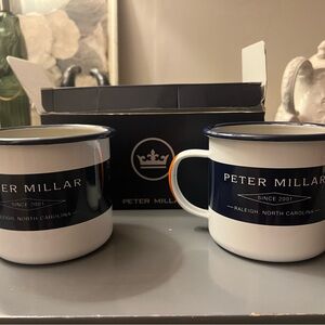Peter Millar White & Navy Enamel Mugs with Logo - Set of 2